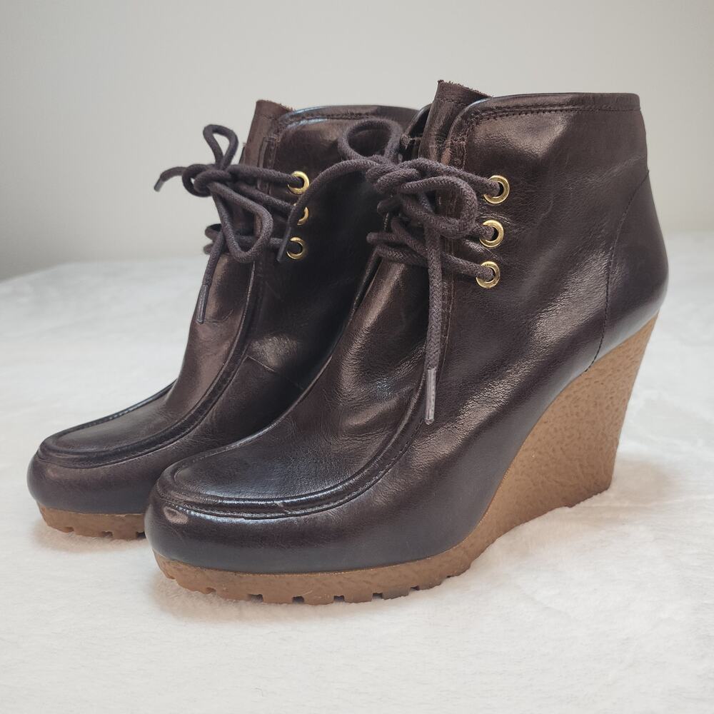 Dark Academia Whimsigoth Brown Leather Moc Toe Wedge Boots 6.5 90s Minimalist - Picture 2 of 15